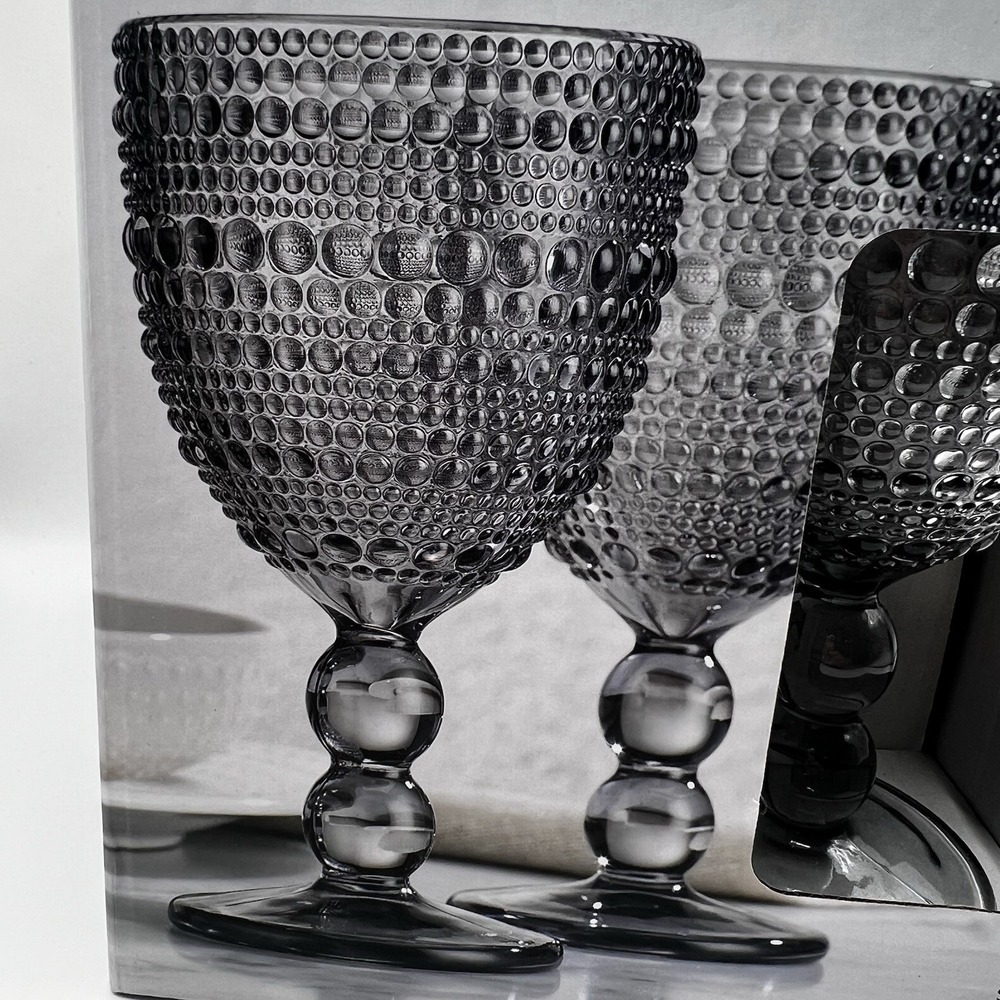 NIB 4 Smoke Gray Stemmed Halo Wine Goblets Hobnail Hobknob Design 10.5 oz - Picture 2 of 12